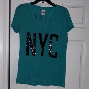 PINK Victoria's Secret Teal NYC Sequin V-Neck Tee
